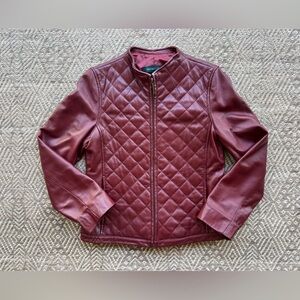Vintage Burgundy Cropped Leather Jacket Womens Zip Up Wine Moto